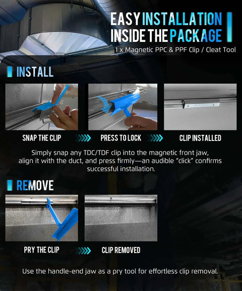 Diagram showing installation and removal of HVAC clips with One-Handed Magnetic Duct Cleat Tool For TDC TDF PPC PPF Clips, 4 Inch Handle.