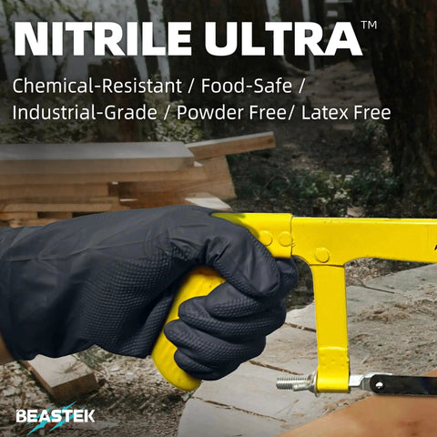 Hand wearing 8 Mil Nitrile Disposable Gloves Diamond Textured Black Food Safe Large 50 Pcs, gripping a yellow tool outdoors.