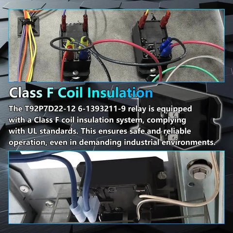 Wired installation of Beefy 12V DC 30A General-Purpose Relay for PCB or panel mount showcasing Class F coil insulation and wiring details.