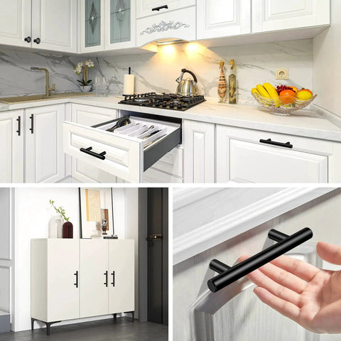 30 Pack Matte Black Cabinet Handles 5 Inch Length With 3 Inch Hole Center Stainless Steel Drawer Pulls in a kitchen setting