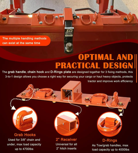 Bolt On Tractor Grab Hooks For Kubota Buckets With D Rings 2In Receiver Orange installed on a bucket, showcasing design and features