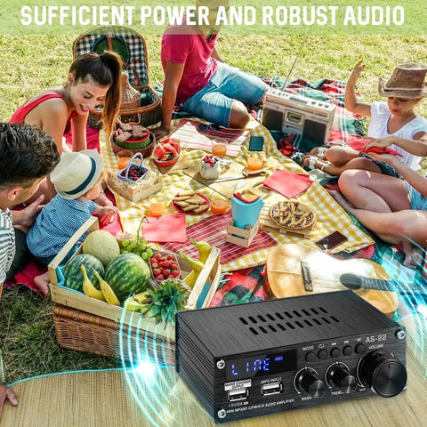 Dope Little Power Amplifier For Home Audio With 2 Channel Bluetooth 300W Max Output shown at a picnic with food and people.