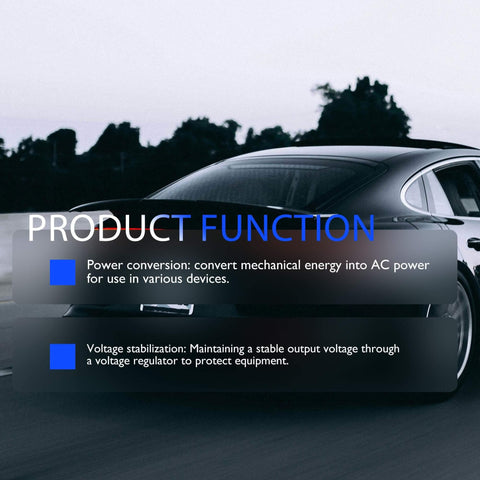 Rear view of a black car on the road with overlay text about product function in converting mechanical energy to AC power.
