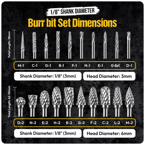 20 Piece Carbide Burr Set With One Eighth Inch Shank For Die Grinders Pro Grade Tungsten Bits Double Cut Compatible Set Dimensions