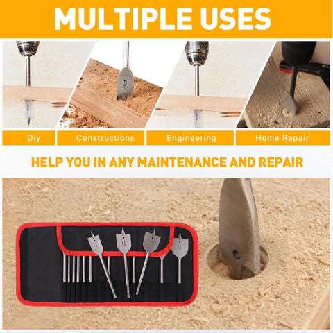 13 Piece Spade Drill Bit Set With Quick Change Shank For Woodworking Alloy Steel Paddle Bits Flat Wood Hole Cutters Heavy Duty Assorted Sizes From 1/4 To 1 1/2 Inches Includes Nylon Storage Pouch ROGAPER shown with use examples and nylon storage pouch.