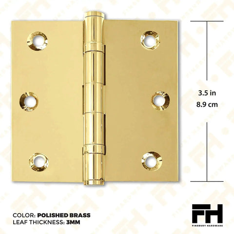 Solid Brass Ball Bearing Door Hinges, Heavy Duty Polished Gold Finish, 3.5 X 3.5 Inch, close-up of durable shiny brass hardware