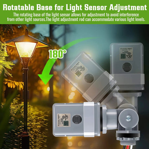 4 Pack Photocell Sensor For Outdoor Lights, 120V AC 50 60 Hz IP54 Waterproof Rotatable Dusk To Dawn Photoelectric Switch For Back Yard Lighting, UL Certified, Hardwire Installation shown with rotatable base for light adjustment