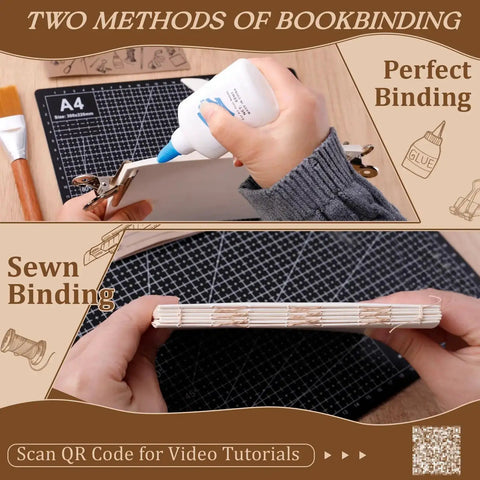 All In One 145Pcs Book Binding Kit For Beginners with A5 paper, glue, and sewn binding method displayed