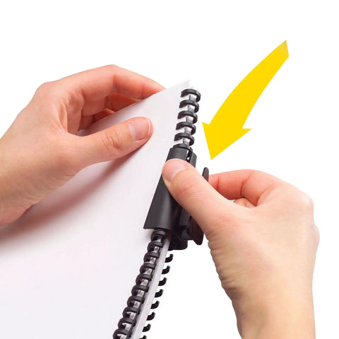 Hands using Manual Desktop Binding Punch For ProClick Spines, 6 Sheet Capacity, showing how to add or remove sheets easily.