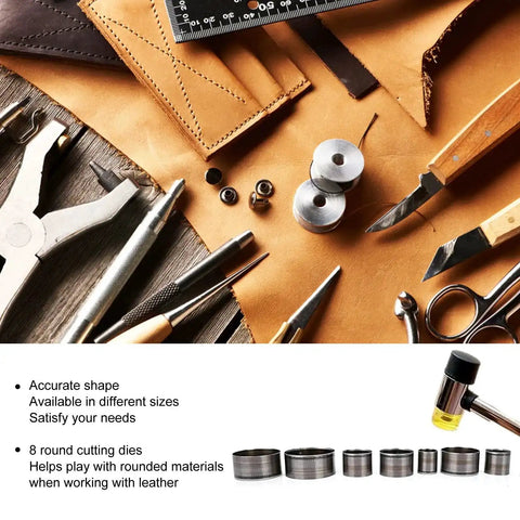 Eight Piece Round Leather Cutting Die Set With Alloy Steel Punching Tools 25 To 60mm For Quick Cuts And Precise Shapes Kit