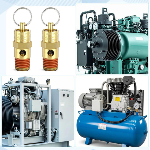 Two brass 1/4 inch NPT air compressor check valves with red threaded bodies; front view.
Industrial air compressor unit with large cooling fins and gauges; side view.
Open-frame air compressor with motor and control panel; exposed components.
Blue horizontal air compressor with mounted pump and hose connections; side view.