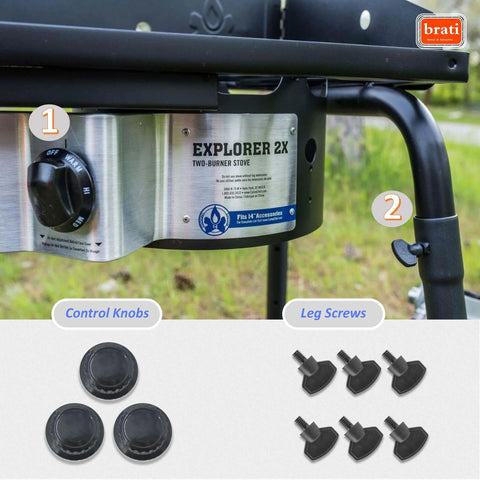 Stove Leg Thumb Screws Replacement 6 Pack Durable Plastic Fasteners Easy Tool Free Install Camp Chef Compatible Stoves Including EX60 DL60 CT32 CC60 TB90 SHPRL SL30L Secure Fit for Cooking Grills and Ranges, shown installed on a stove.