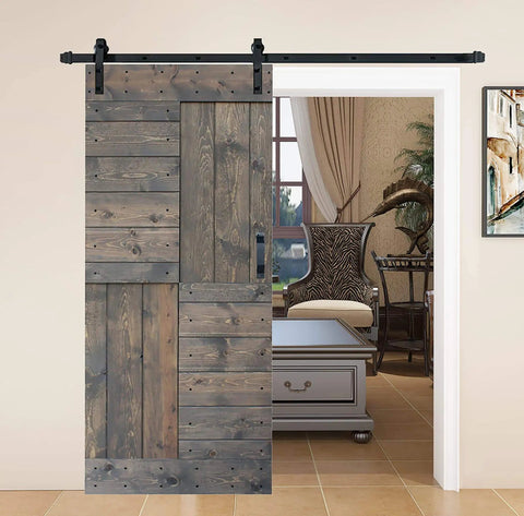 36 Inch By 84 Inch S Series DIY Barn Door With 6.6 Ft Hardware Kit In Smoky Gray installed in doorway, sliding open.