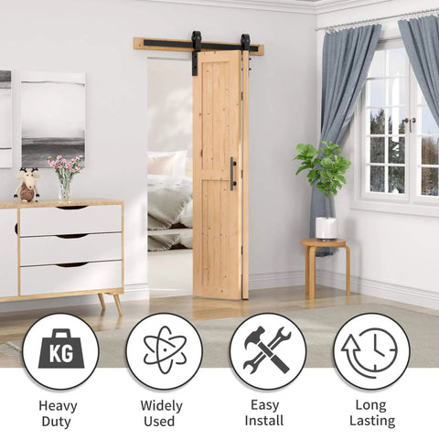 Bi-Fold Barn Door Set 48 By 84 Inches With 52 Inch Bifold Hardware Kit For Two Doors No Assembly No Fuss Setup Solid Spruce Wood Folding Doors And Double Sided Handle Pulls Included in a modern living room setting.