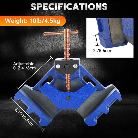 Beefy Cast Iron Welders Angle Clamp For Woodworking, 90 Degree Welding Clamp, showing dimensions and weight specifications.