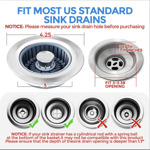 Diagram showing 3 In 1 Kitchen Sink Drain Strainer With Stopper And Odor Barrier Basket dimensions and compatibility