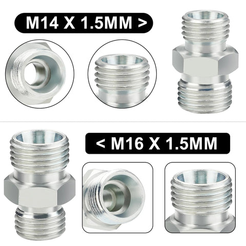 Hydraulic adapter fittings, 4-pack, M14 x 1.5mm and M16 x 1.5mm, silver DIN-style metal fittings