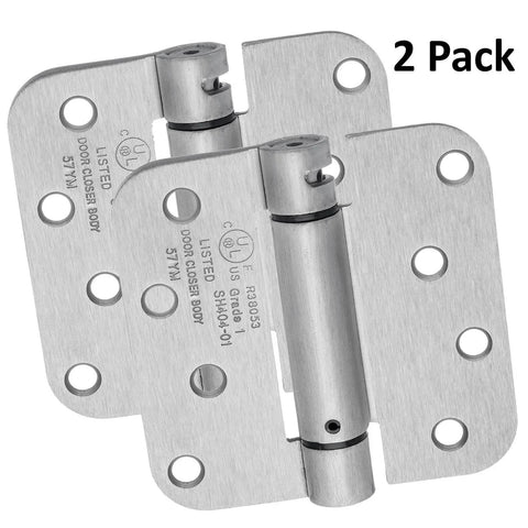 Four Inch Spring Loaded Self Closing Hinges With Five Eighth Inch Radius Corners Heavy Duty For Interior Or Exterior Doors Quiet Auto Close Action Two Pack Satin Nickel Finish Adjustable Closing Force Fits Doors One And Three Quarters Inch Thick