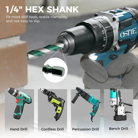 12 Piece Masonry Drill Bit Set One Eighth To Nine Sixteenth Inch Four Blade Serrated Tungsten Carbide Bits Heavy Duty With One Quarter Inch Hex Shank In Green Storage Case For Concrete Masonry Brick Tile Marble Glass And Wood used in a hand drill
