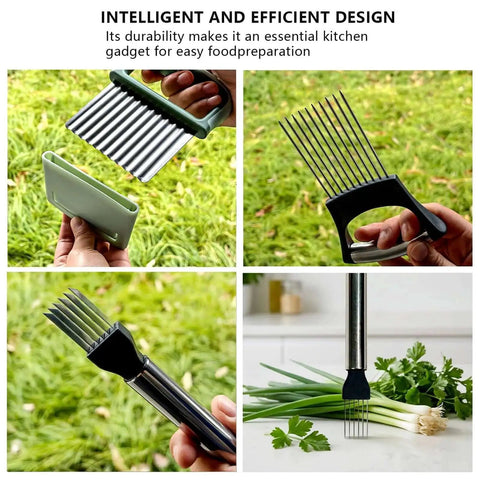 Three In One Vegetable Slicer Set With Onion Holder And Crinkle Cutter And Green Onion Slicer Stainless Steel Kitchen Chopper For Potatoes Tomatoes Lemons And Herbs Safe Grip Design For Easy Mess Free Food Prep