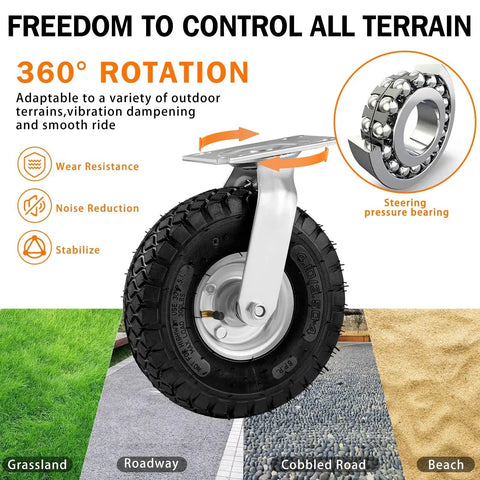 8 Inch Pneumatic Casters 4 Pack with 2 Swivel and 2 Rigid Heavy Duty Wheels 1200 Lbs Capacity on multiple terrains illustration