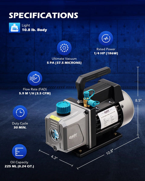 Orion Motor Tech 3 gal vacuum chamber with pump kit; gray metal body, blue fittings, front viewing window