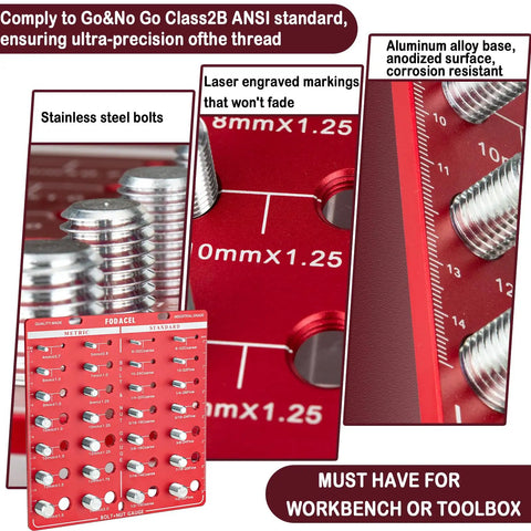 28 Thread Checker Tool For Nuts And Bolts Screw Identifier With 14 Metric And 14 Standard Sizes Rugged Square Design For Mechanics And DIY Projects Red close-up showing stainless steel bolts and laser engraved markings.