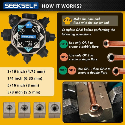 Brake Line Flaring Tool Kit For 45 Degree Flares 3/16 1/4 5/16 3/8 Tubing with die set and operation guide