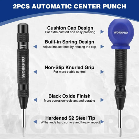 Automatic Center Punch Set 2 Pack With Replacement Tip And Ball Cap Adjustable Spring Loaded Center Punches For Wood Metal Plastic Durable Metal Punch Tool For Precise Marking And Hole Prep, featuring cushion cap design, non-slip grip, and S2 steel tip.