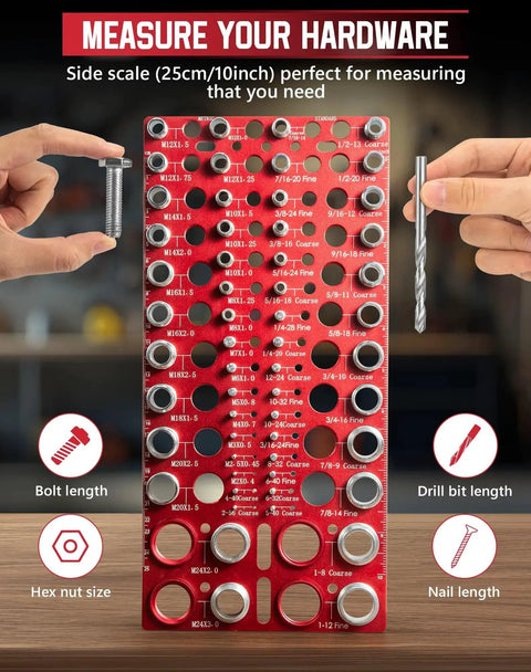 56 Thread Checker for Standard and Metric Bolts, 30 SAE and 26 Metric Size Thread Gauge, red wall-mounted tool in use