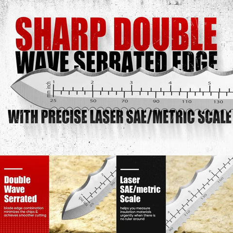 Close-up of Heavy Duty 11 Inch Insulation Knife With Laser Scale, Stainless Steel Blade, Dual Side Serrated Duct Cutter detail