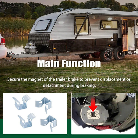 Collage showing Houoto BP19-005 magnet retainer clips for Dexter 12.25-inch electric trailer brake magnets; 4 pcs.