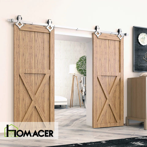 Brushed Nickel Sliding Barn Door Hardware Kit For Double Doors, 9ft Flat Track With Diamond Rollers, installed on wood doors