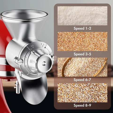 All Metal Grain Mill Attachment For KitchenAid Stand Mixers Durable Flour Mill Grinder For Non Oily Dry Grains Like Corn Buckwheat Oats Millet And Coffee Beans Rust Resistant Accessory For Fresh Flour For Home Bakers with grinding levels shown.