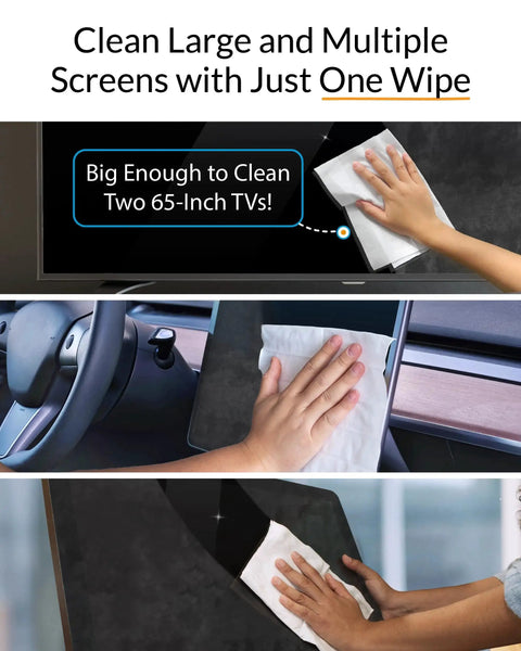 Hands using XL Screen Cleaning Wipes For TVs And Monitors Lint Free Streak Free 60 Wipes on various screens, including a TV and a car display.