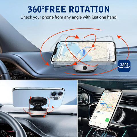 360-degree rotatable car magnetic phone holder on dashboard with black suction mount holding an iPhone.