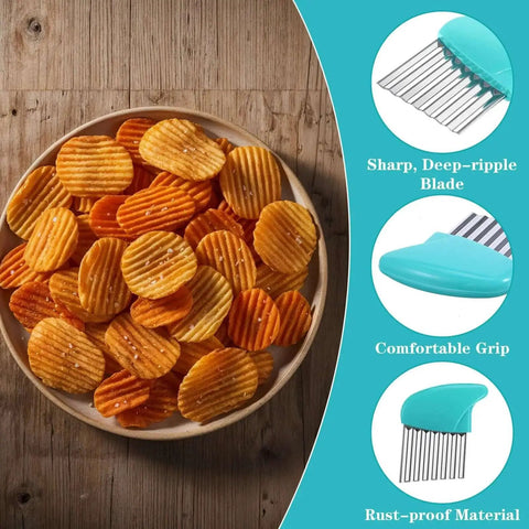 2 Pack Crinkle Cutter For Veggies And Fruits With Stainless Steel Wave Blade Durable Wavy Slicer chips in bowl and features