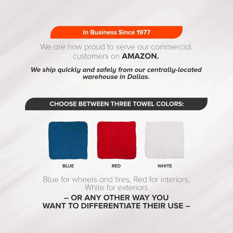 Three Huck towels in blue, red, and white for auto shop cleaning, part of Wholesale Huck Towels 625 Pack 18x18 Premium Cotton Rags.