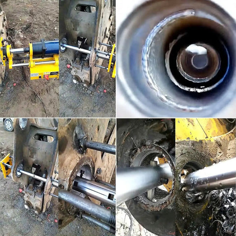Onsite Portable Line Boring And Welder Machine That Is A Real Workhorse With Auto Rotary Inner Boring, 2.16 To 8.66 Inch Bore, For Overlay Welding And Hole Drilling TechTongda in use on excavator with close-up of boring process.