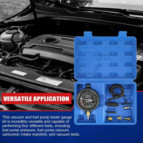 Vacuum And Fuel Pump Tester Kit For Engine Pressure And Carburetor Diagnostics in blue case next to car engine