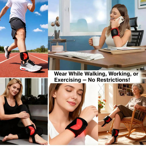 People using Cordless Red Light Therapy Ankle Massager Wrap with 660nm red and 850nm infrared lights while walking, working, exercising