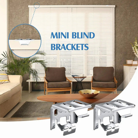 Living room with mini blind brackets and white window blinds, Six Pack Mini Blind Brackets 1.18X1.18 Inch With Screws shown.