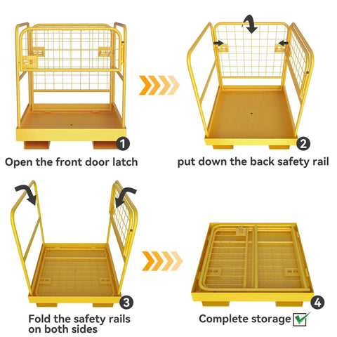 Forklift Cage Work Platform 36x36 Inches Heavy Duty Steel Lift Basket 1150 Lbs showing assembly and storage steps.