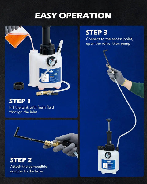 3L Transmission Fluid Pump With 12 ATF Adapters And Pressure Gauge in use, showing steps for operation with tank, hose, and adapters.