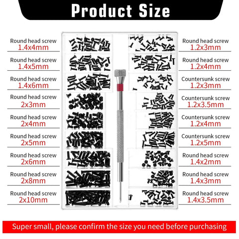 500 Pcs Extra Small Screws Micro Repair Kit in M1.2 M1.4 M2.0 Sizes with Black Finish, storage box with various screw sizes