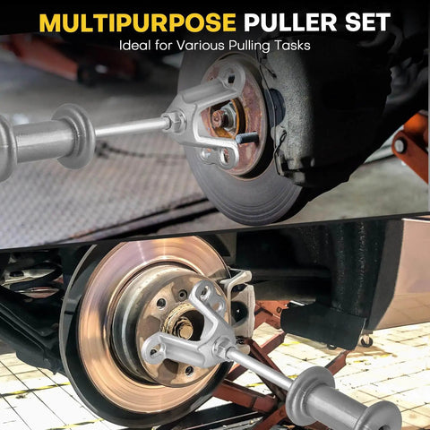 Image showing Nine Way Two Thirds Jaw Bearing Hub Gear Seal Remover Tool And Nineteen Piece Heavy Duty Slide Hammer Puller Kit on car hubs.