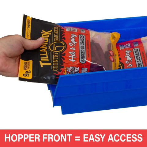 Heavy Duty Plastic Shelf Bins 24-Inch By 8-Inch By 4-Inch In Blue, 6 Pack, showing curved front access with snack items inside