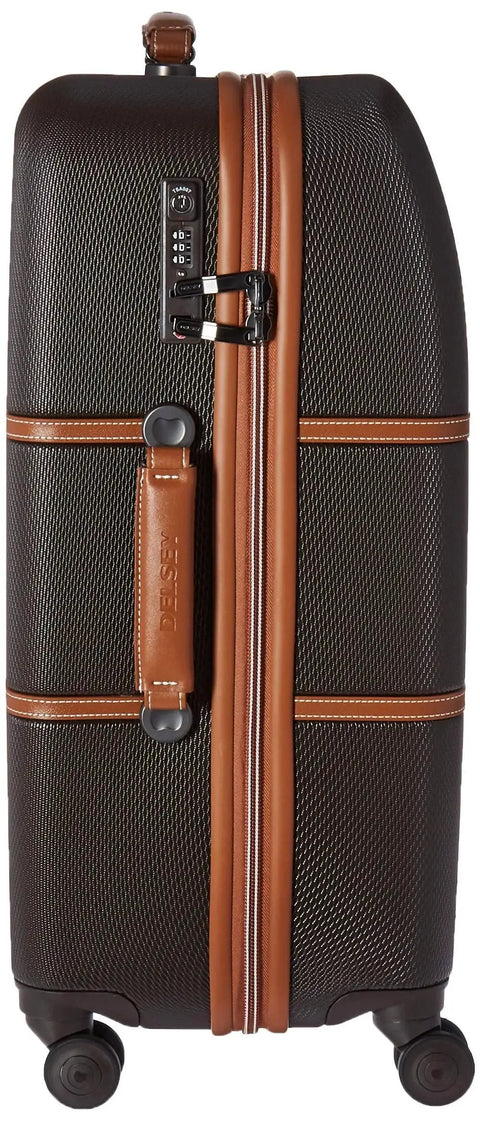 Side view of Chatelet Hard Plus Hardside Luggage with Spinner Wheels in Chocolate Brown with faux leather accents, TSA lock visible.