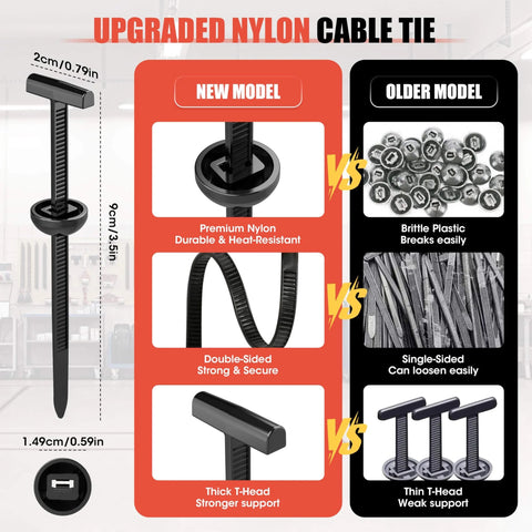 Comparison of upgraded nylon cable tie with self-locking fasteners showing new and older models' features and benefits.