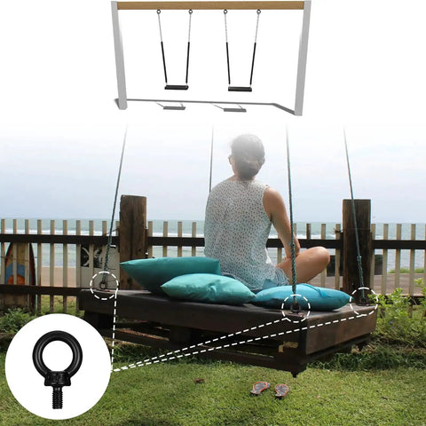 Outdoor swing bed supported by 4 Pack M6 Lifting Eye Bolts 12mm Black Stainless Steel Eyebolts 304 for corrosion resistant outdoor use